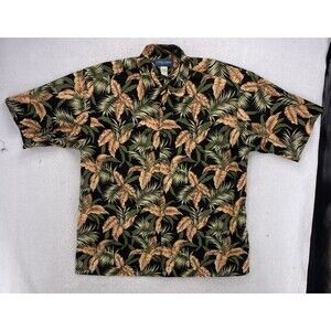 Men'Cooke Street Honolulu Hawaiian Shirt Size L Large Black Tropical Leaf Print